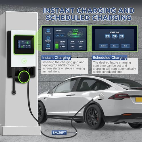 Cargador EV 7KW Tipo 2 - MOTOCOCHE Cargador de Vehículo Eléctrico 0-32A Cargador de Pared EV Pantalla HD de 4.3" Estación de Carga EV con Cargador Modo Programado/6 Idiomas/Cable 8M+1M IEC 61851