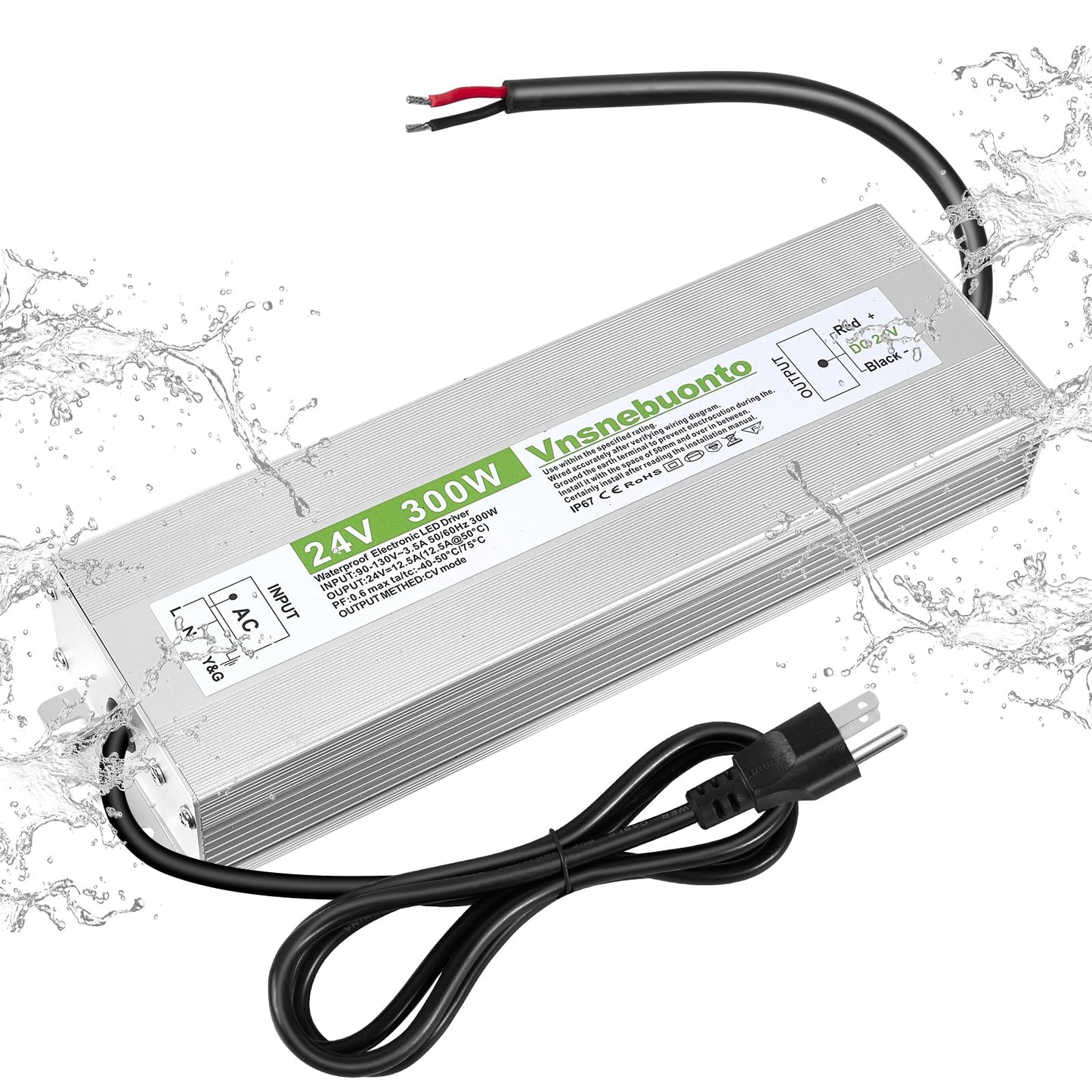 Fuente de alimentación de 24 V 300 W, 90-130 V CA a 24 V CC 12.5 A, controlador LED impermeable IP67, transformador de bajo voltaje de 24 voltios, adaptador con enchufe de 3 clavijas para luz LED, uso