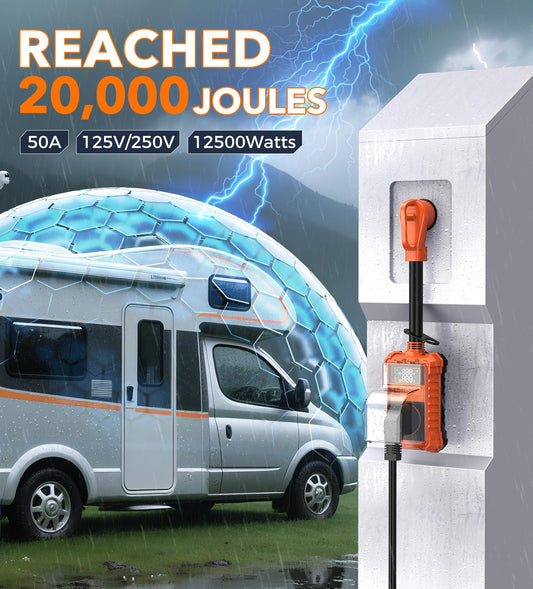 Protector contra sobretensiones RV de 50 amperios, 20000 julios, analizador de circuitos RV con pantalla LED, adaptador de enchufe para caravanas de viaje (50 A con pantalla LED)