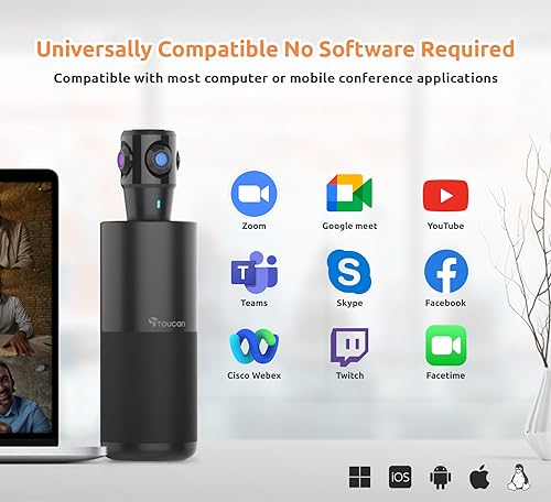 TOUCAN SC360 Cámara de videoconferencia de 360 grados, cámara web HD de 1080p con 4 micrófonos de reducción de ruido, altavoz, seguimiento de IA, funciona con Zoom, Google Voice, Microsoft Teams y más, para