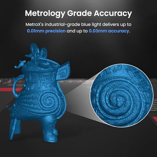 Revopoint MetroX - Escáner 3D para impresión 3D, escáner de impresora 3D de mano, escaneo láser azul, precisión de grado metrología de 0.000 in para objetos oscuros de metal, velocidad de hasta 60
