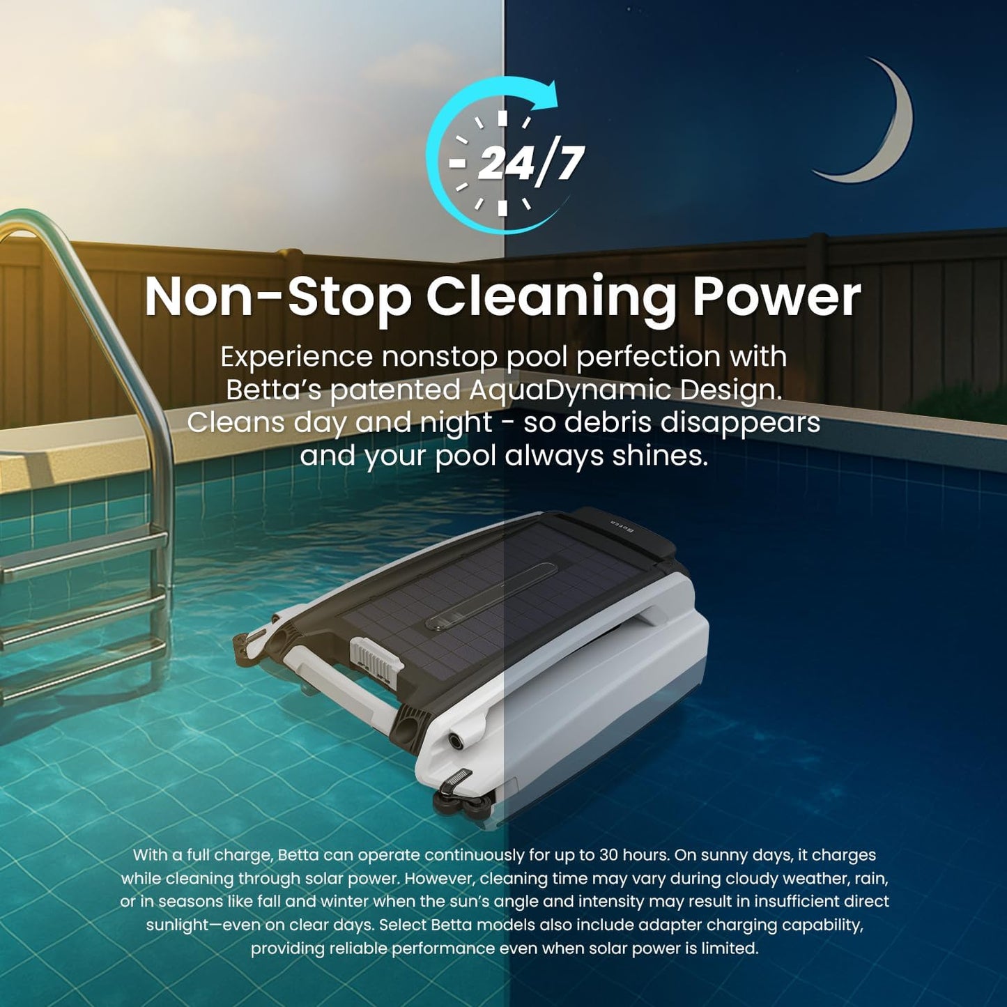 Betta SE - Limpiador robótico automático de superficie de piscina con batería de limpieza continua 24/7 y motores tolerantes al cloro de sal doble rediseñados (azul)