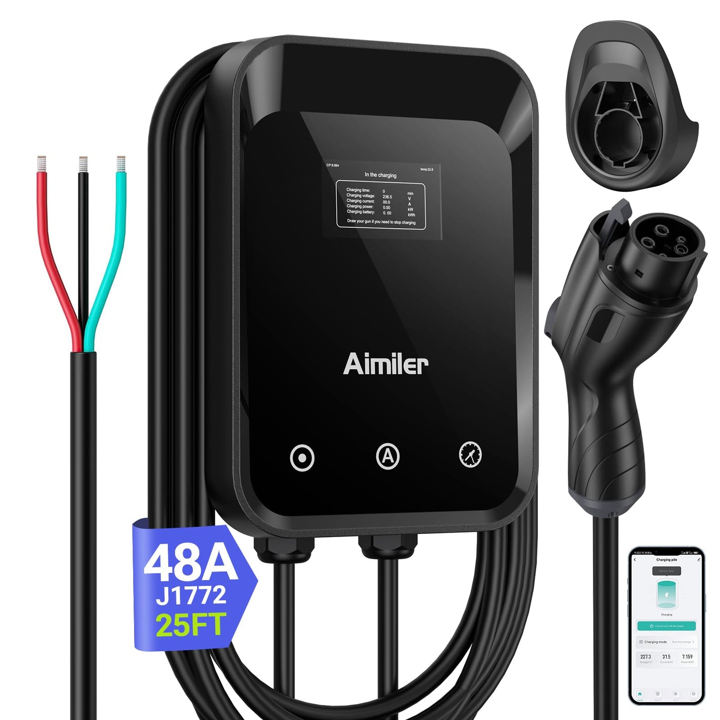 Cargador de vehículo eléctrico de nivel 2 (EV) (WiFi APP/Plug-Play), 48A, cable de 25 pies certificado ETL, cable duro de 240 V (sin enchufe) y conector J1772 EVSE EV Estaciones de carga de coche eléctrico para el hogar Nivel 2 (48) - ZB18-U011KBH-F002