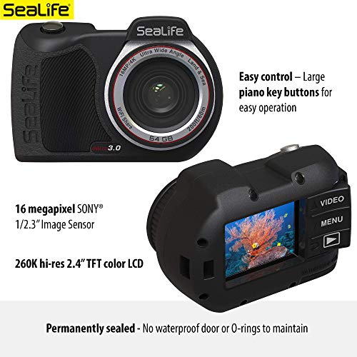 SeaLife Micro 3.0 64 GB, 16 mp, cámara submarina 4K para fotografía y video subacuático, fácil instalación, transferencia inalámbrica; incluye funda, correa de muñeca
