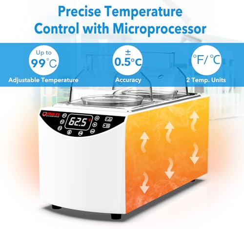 FOUR E'S SCIENTIFIC - Baño de agua de laboratorio 5L, termostático digital, RT+5 °C a 99 °C, control de temperatura preciso, 2 cámaras de acero inoxidable, visualización LED