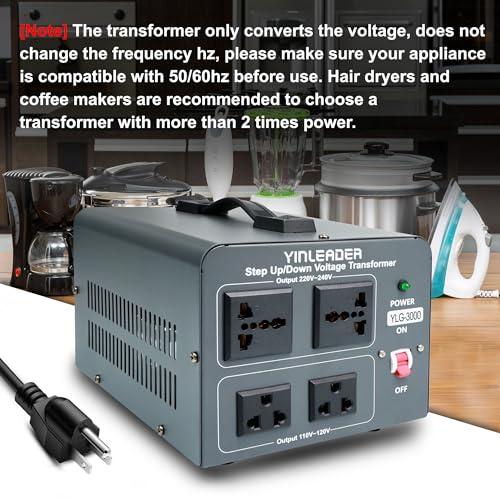 Yinleader Convertidor de voltaje Transformador de 3000 W Convertidor de potencia subida/abajo 110-120V a 220-240V/220-240V a 110-120V, con 2 tomacorrientes universales de EE. UU. y 2 salidas universales, protección de disyuntor YLG-3000