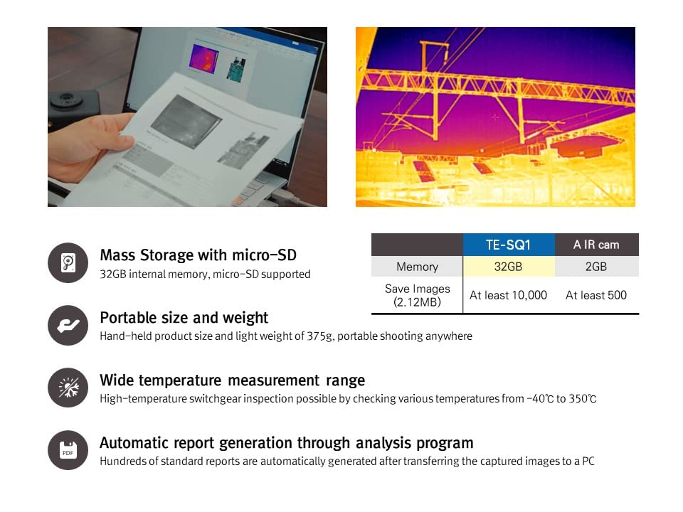 TE-SQ1, cámara de imágenes térmicas i3system, resolución IR de 384x288, pantalla táctil de 5 pulgadas, diseñada y fabricada en Corea, -40℉~662℉, todas las preocupaciones anteriores