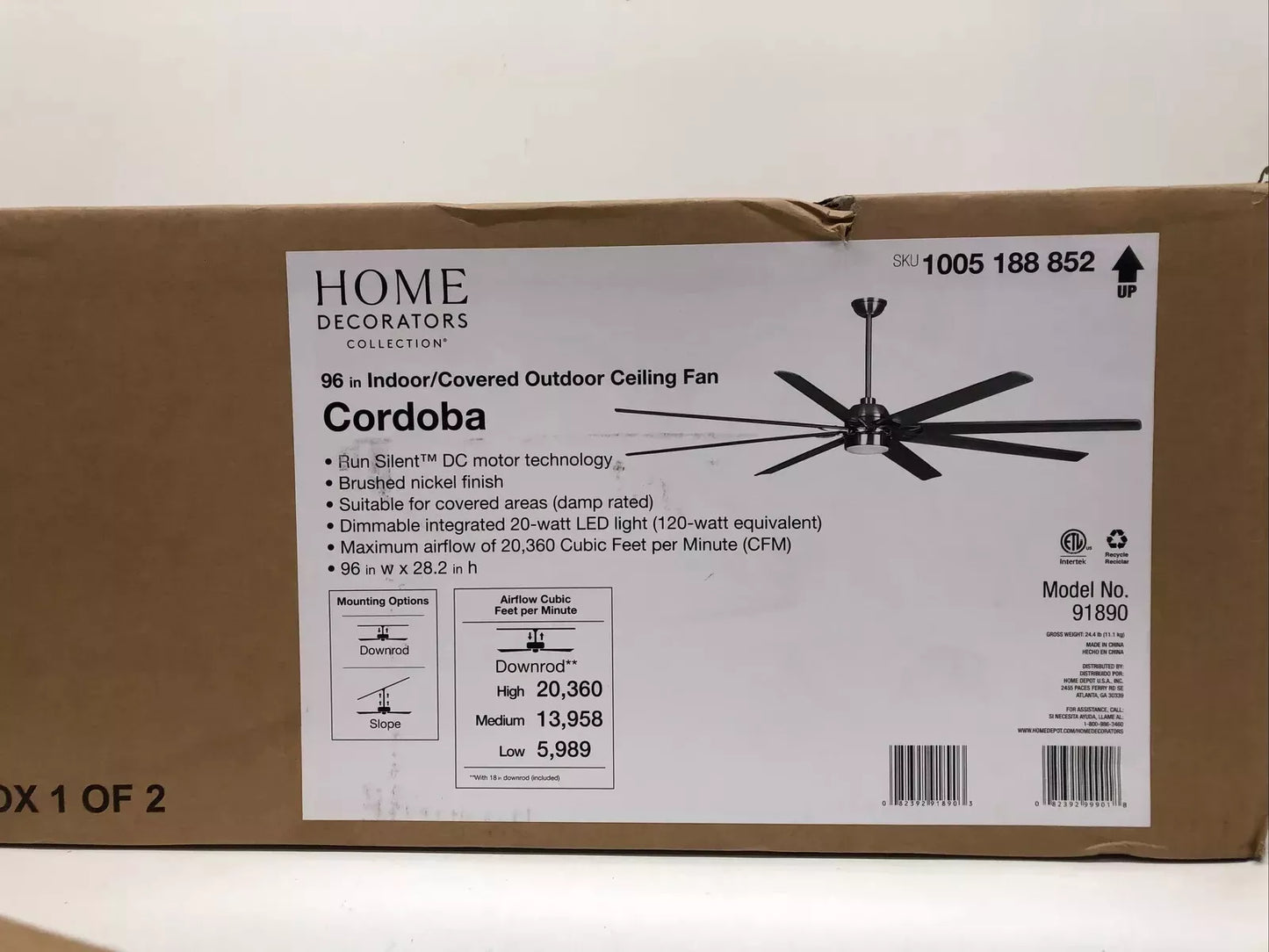Ventilador de techo de níquel cepillado para interiores y exteriores con LED Cordoba de 96 pulgadas para decoración del hogar
