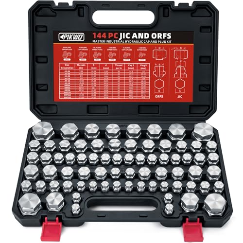 144 piezas JIC y ORFS Master - Tapa hidráulica industrial y tubo de manguera de enchufe y kit de montaje de tubería y tapa y enchufe de rosca de precisión en ORFS y tamaños de tablero de 37° 4,