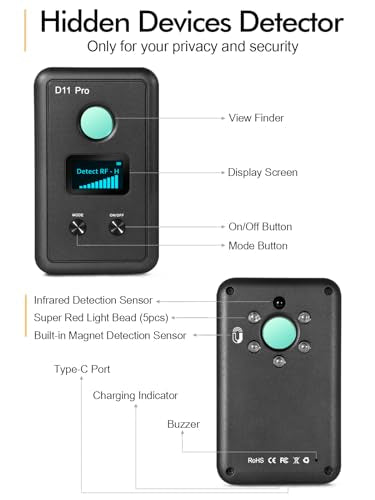 Detectores de cámara oculta D11 Pro, buscador de cámara espía dispositivos de escucha ocultos, escáner de luces infrarrojas, detector de rastreador GPS, teléfono de insectos, barredora de señal RF con