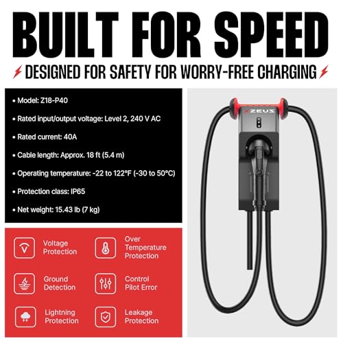 Zeus - Cargador EV de nivel 2 – Equipo de carga de vehículos eléctricos compatible con todos los modelos de vehículos eléctricos – Cargador rápido J1772 EVSE nivel 2 de 40 amperios – NEMA 14-50 240V