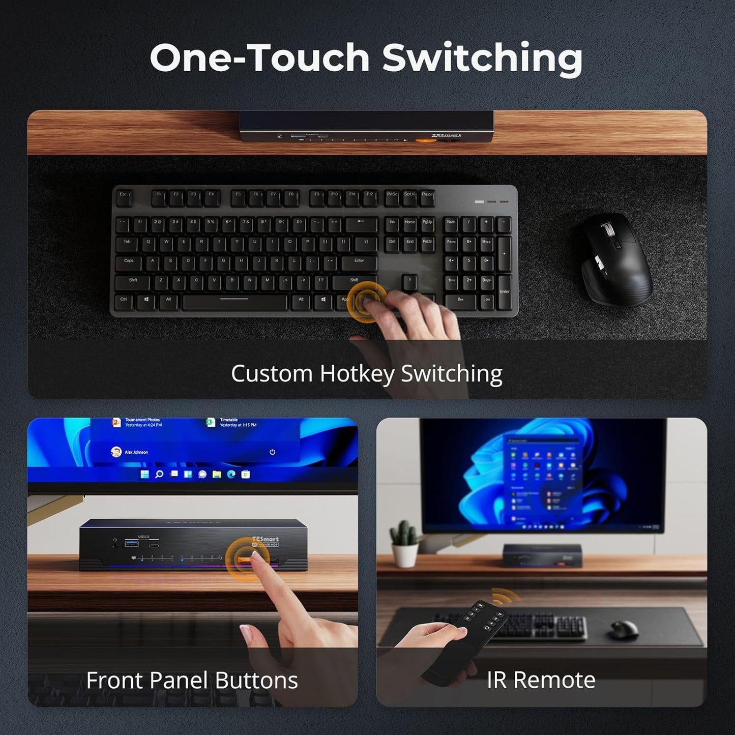 TESmart Conmutador KVM HDMI de 8K a 60Hz, 4 computadoras, 1 monitor USB 3.0, 4 puertos KVM 4K a 144Hz para juegos, 1G Ethernet, emuladores EDID, interruptor de tecla rápida, chip ADI, HKS401-M24-USBK