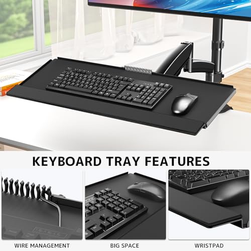 Soporte de escritorio para monitor de pie sentado para pantallas de 17 a 32 pulgadas, brazo articulado de movimiento completo ajustable en altura con bandeja para teclado, monitor de 19.8