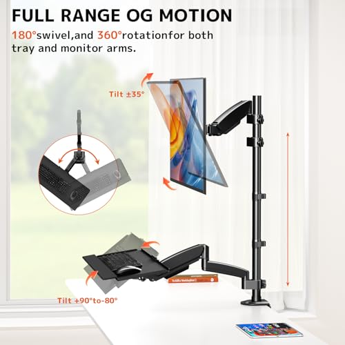 Soporte de escritorio para monitor de pie sentado para pantallas de 17 a 32 pulgadas, brazo articulado de movimiento completo ajustable en altura con bandeja para teclado, monitor de 19.8