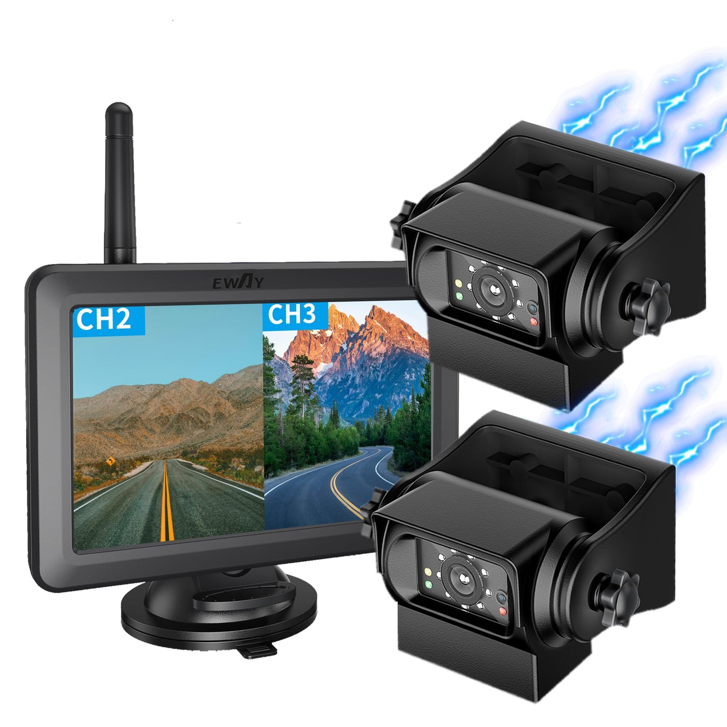 EWAY 2 cámaras magnéticas inalámbricas de respaldo HD1080P con monitor de pantalla dividida de 5 pulgadas, portátil, sin cableado, enganche de remolque, visión nocturna, cámara de visión trasera para