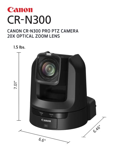 Canon CR-N300 Pro PTZ Cámara BK 20x Lente de zoom óptico, 1 2/3 "4k 30P Sensor AF híbrido, 3G-SDI, HDMI, IP, salida de video USB, NDI | HX2, SRT-Church, Eventos en vivo, Conferencia de transmisión,