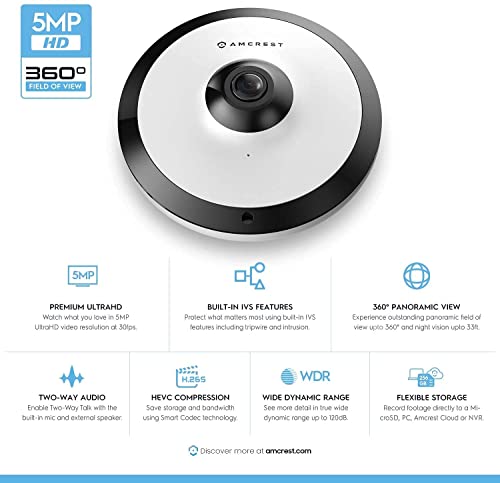 Amcrest Fisheye IP POE Cámara, 360° Panorámica 5-Megapixel POE IP Cámara, Fish Eye Security Interior Cámara, IVS Características y conteo de personas, grabación MicroSD, IP5M-F1180EW-V2 (blanco)