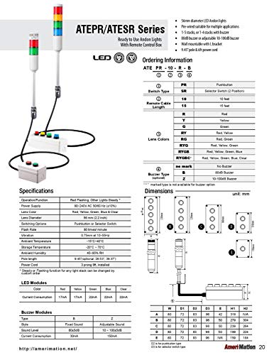 ATEPR-10-RYGB-Z, Andon Light, caja de control de botón a distancia, con cable de 10 pies, poste de 9.45 pulgadas con soporte L, intermitente rojo y zumbador, amarillo/verde/azul constante, zumbador ajustable de 10-100 dB, 110 V