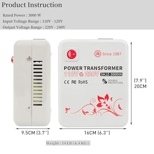 SUNSHUN SHJZ-3000VA Transformador convertidor de voltaje de 3000 vatios (3000 W) de 110 V a 220 V adaptador transformador para uso en los Estados Unidos para electrodomésticos europeos y asiáticos