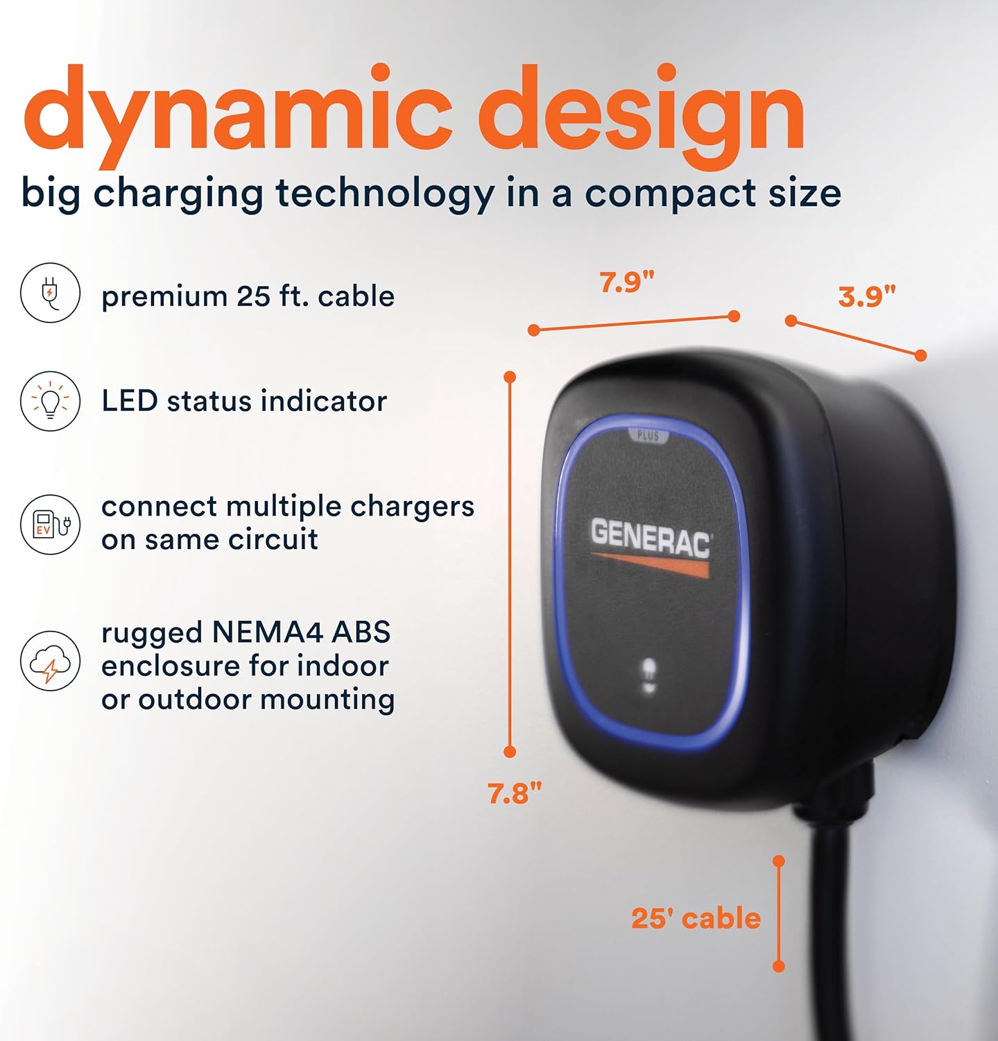 Generac Cargador de vehículo eléctrico (EV) Nivel 2 Plus, 48 AMP, carga rápida, ultra compacto con cable de 25 pies, gestión de aplicaciones WiFi y Bluetooth, compatible con Alexa y Google Home, PUP2-U-1-6-C-GC2