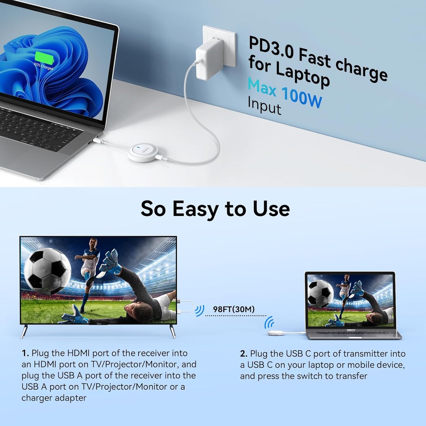 Transmisor inalámbrico USB C y receptor HDMI, 5G inalámbrico USB-C a HDMI Extensor 98FT/30M, adaptador de pantalla inalámbrico 1080P Transmisión de video/audio a TV/Monitor/Proyector desde