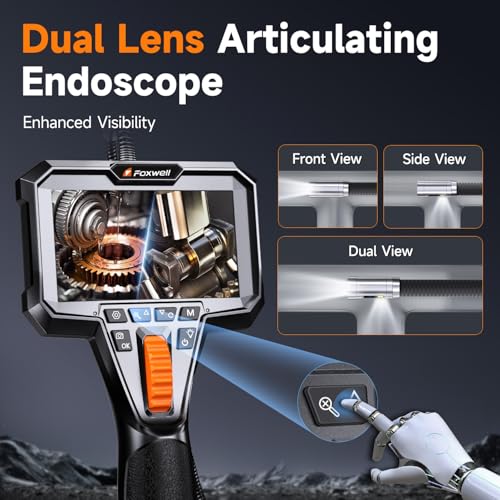 FOXWELL Elite - Boroscopio articulado de 2 vías de doble lente de 220°, sonda ultrafina de 0.25 pulgadas, pantalla IPS HD, impermeable IP67, cámara flexible para inspecciones automotrices, HVAC, fontanería e industriales de 5.3 pies