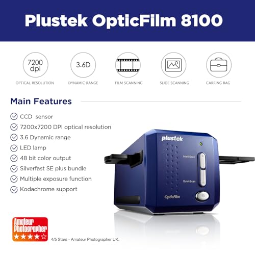 Plustek OpticFilm 318.898-1.378 in Escáner de película negativa/diapositivas con 7200 DPI y salida de 48 bits. Paquete Silverfast SE Plus 9, compatible con Mac y Windows