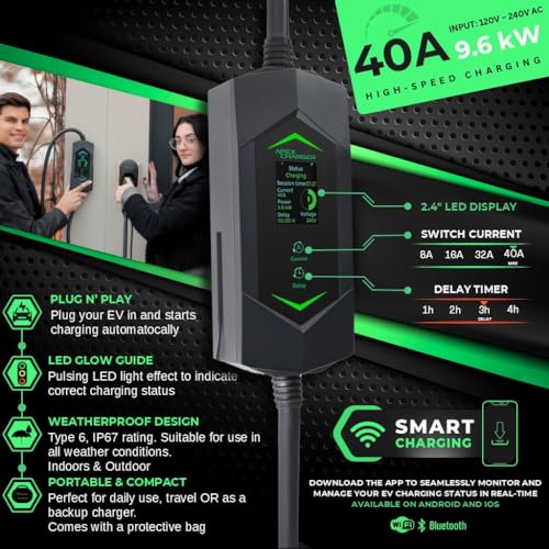 MACH 3: Cargador portátil rápido de 40 amperios nivel 1 y 2, estación de carga de vehículos eléctricos, 120-240V NEMA 14-50 con adaptador 5-15. Conector de automóvil J1772 y Tesla NACS #APEXM3