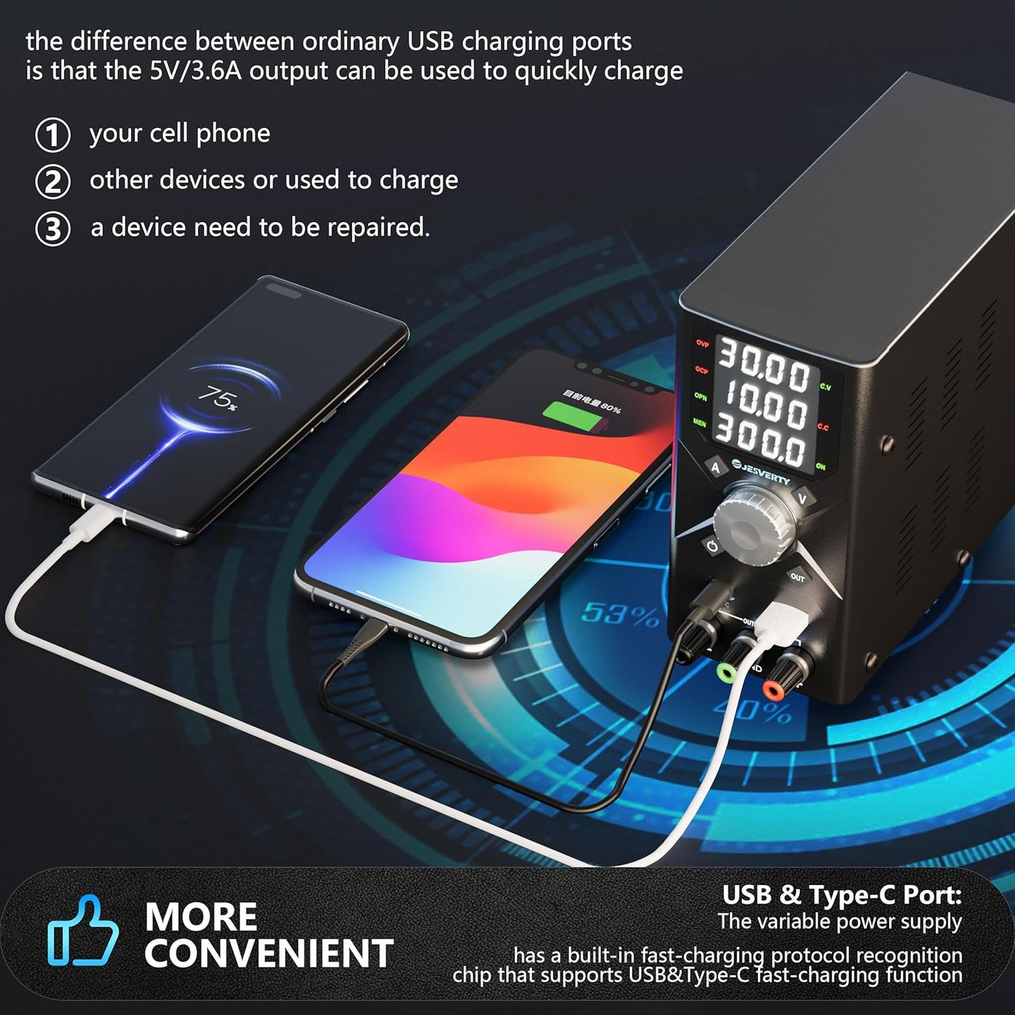 Fuente de alimentación CC variable, fuente de alimentación regulada con conmutación ajustable de 30 V 10 A con pantalla de 4 dígitos de alta precisión, 5 almacenes de memoria, salida dual USBC y USBA