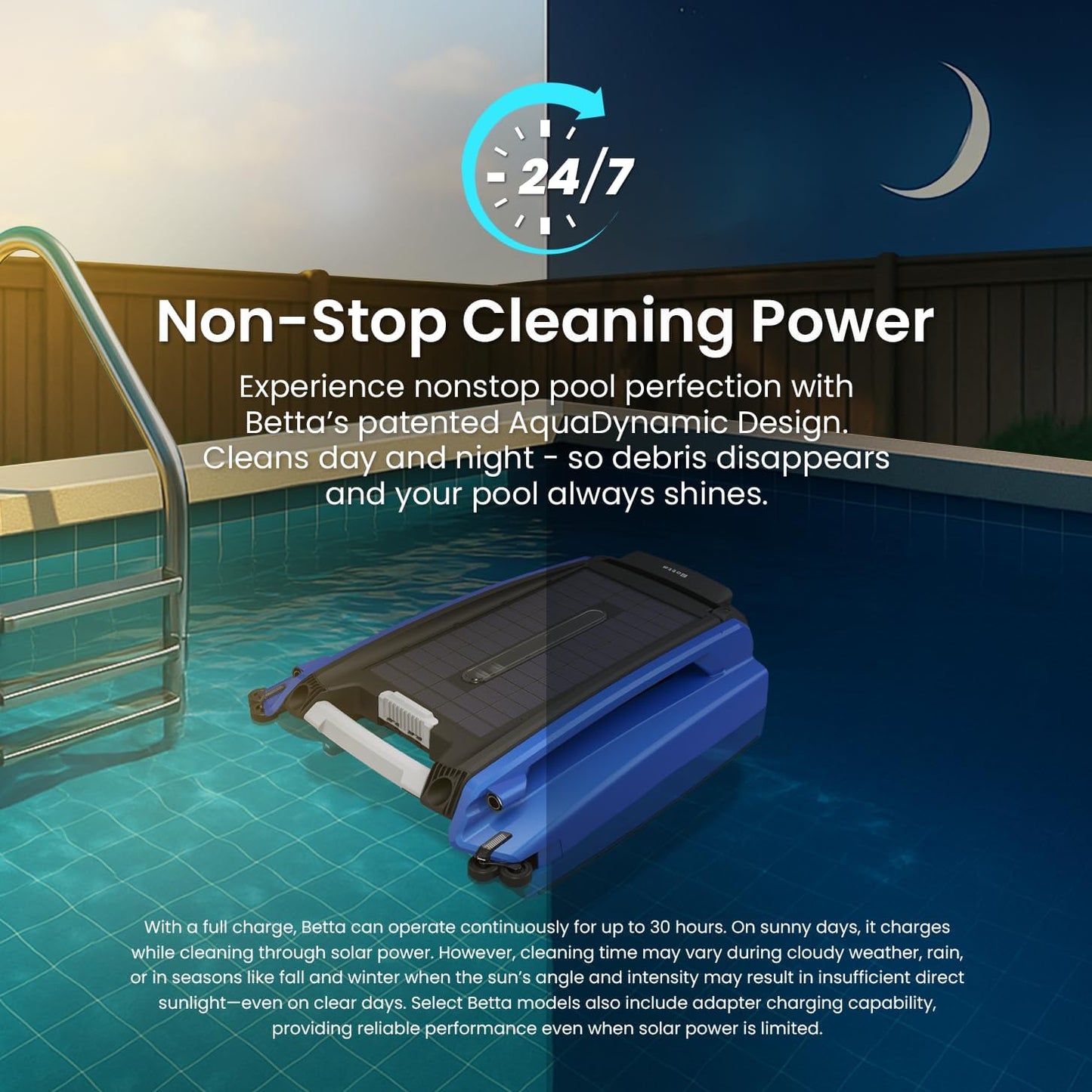 Betta SE - Limpiador robótico automático de superficie de piscina con batería de limpieza continua 24/7 y motores tolerantes al cloro de sal doble rediseñados (azul)