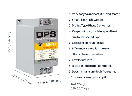 Convertidor monofásico a trifásico, modelo MY-PS-3, apto para motores trifásicos de 2HP (1,5 kw) 6 amperios 200-240 V, un DPS tiene que usarse solo para un motor