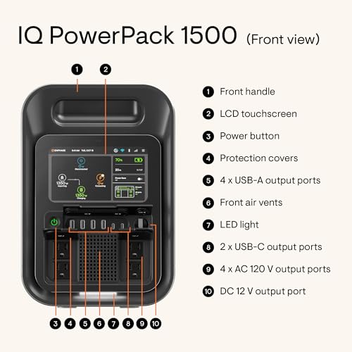Enphase IQ PowerPack 1500 - Alimentación portátil avanzada con tecnología microinversor, pantalla táctil LCD, control de aplicaciones Enphase, Wi-Fi, celular, Bluetooth, 1500 Wh, certificado UL PES-1515-BL-US