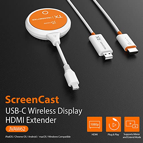 j5create ScreenCast - Transmisor y receptor de pantalla inalámbrico USB-C a HDMI, compatible con 1080p, adecuado para iPhone15, MacBook, iPad Pro, Chromebook, portátiles USB-C y Android (JVAW62)