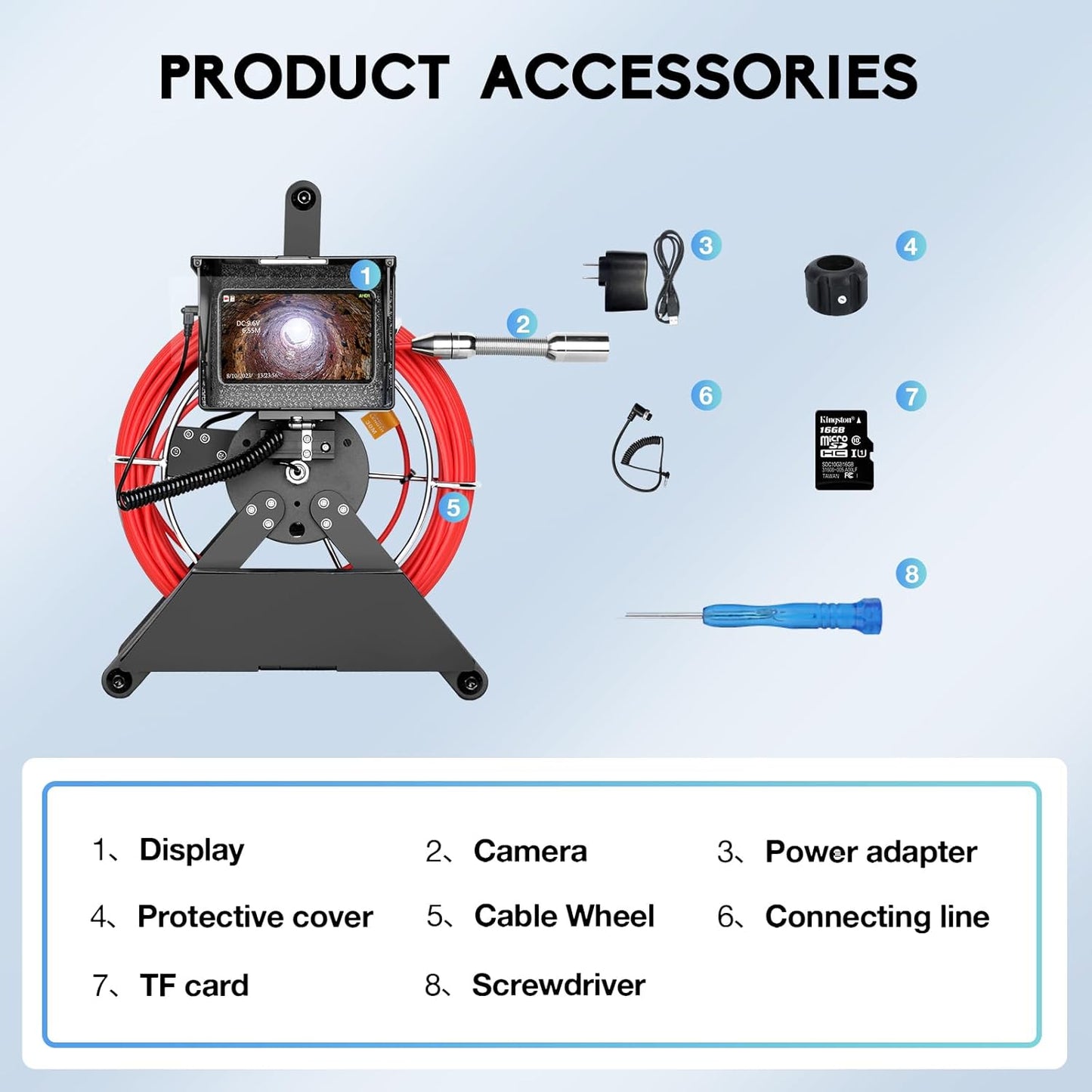 Cámara de alcantarillado, cámara de inspección de drenaje de tuberías con DVR, HD 1000TVL, boroscopio de 0.72 pies/0.866 in con 12 luces LED, cámara de serpiente de fontanería con tarjeta TF de 16 GB