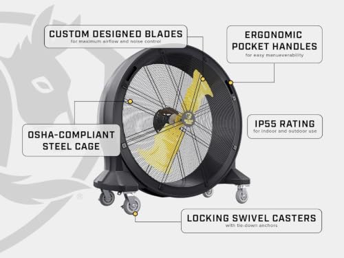 Big Ass Fans Bandit Ventilador de barril portátil de 42 pulgadas, ventilador de piso industrial de 11,044 CFM, velocidad variable, motor EC, clasificación IP55, jaula de acero compatible con OSHA, 110 #F-BD1-4201