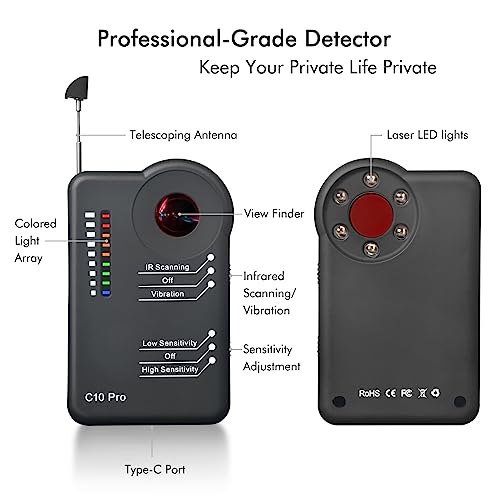 Detector de cámara C10 Pro – Detector profesional de RF Buscador de cámara oculta, barrendero antiespía, rastreador GPS, dispositivo de escucha, escáner de teléfono celular para interiores
