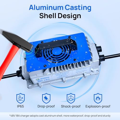 DC HOUSE Cargador de batería de litio de 48 V 18 A, cargador rápido de 900 W, eficiencia de carga ≥ 93%, IP65 resistente al agua anticaídas con ventilador de enfriamiento, adecuado para carrito de