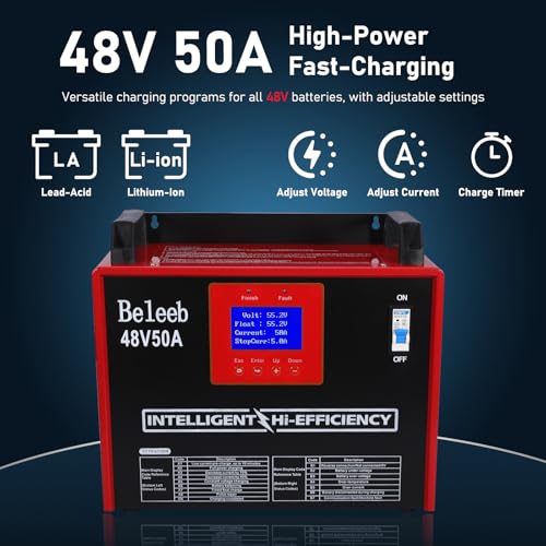 Cargador de batería ajustable de 48 V 50 A, cargador inteligente para baterías de plomo-ácido y litio LiFePO4, cargador cableado de 240 V CA para carretillas elevadoras, carros de golf, BLB-48V50A