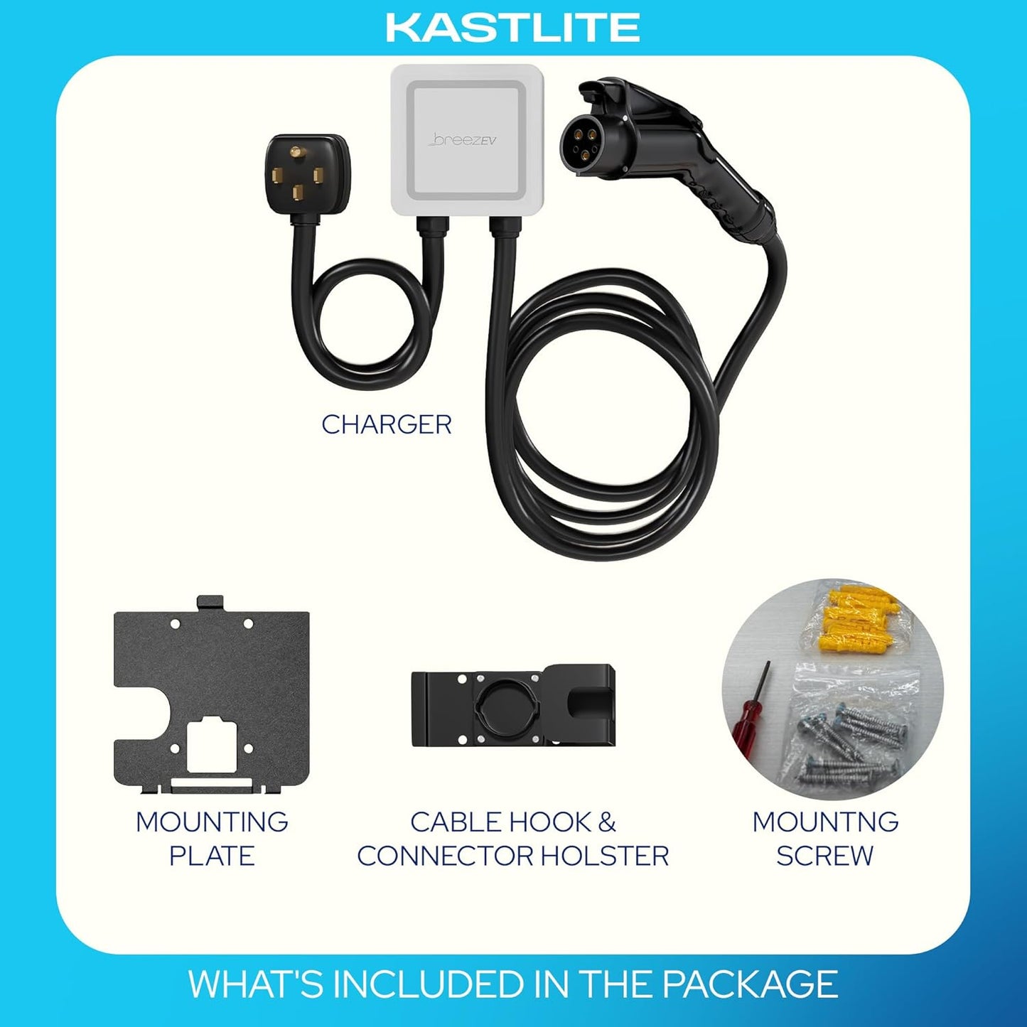 KastLite Cargador BreezEV de 48 amperios EV nivel 2, enchufe NEMA 14-50, conector J1772, cable de 18 pies | 240 V IP65 universal para montaje en pared para vehículo/estación de carga doméstica