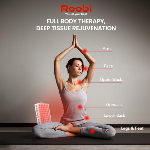 Roobi Terapia de luz roja 660nm 850nm infrarrojo cercano, doble chip parpadeo libre LEDs, soporte ajustable, 60 LED, grado clínico para energía, dolor, piel, recuperación, rendimiento.