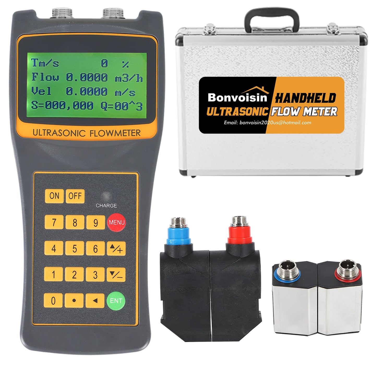 Bonvoisin Medidor de flujo ultrasónico de mano con abrazadera portátil en caudalímetro con salida de datos S1+M2 Sensores para agua de mar, alcohol, aguas residuales industriales DN15-27.559 in