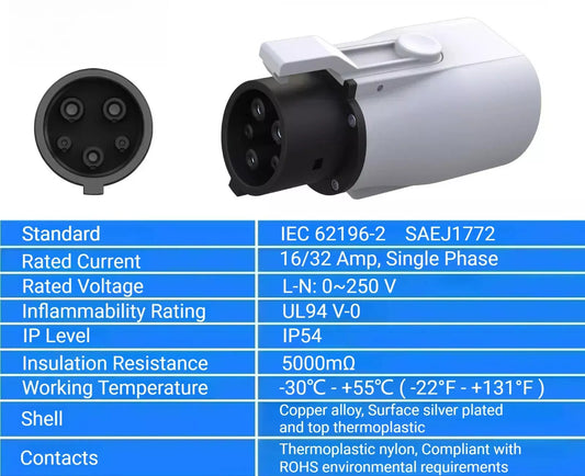 Conector de cable de carga EV tipo 2 a tipo 1, adaptador IEC62196 a J1772, 32 A, 7 kW