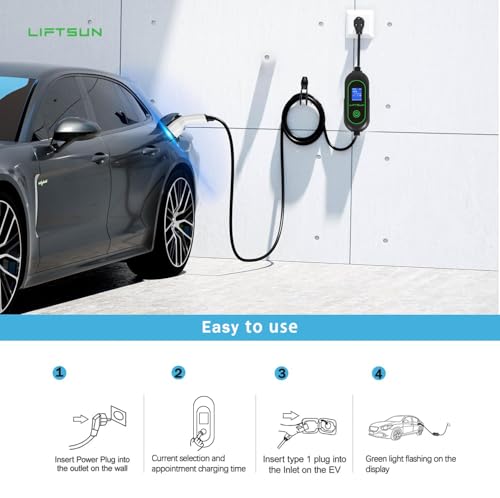 LIFTSUN Cargador EV de nivel 2, máximo 40 amperios 9.6 KW EVSE, cargador portátil J1772 para el hogar, cargador EV ajustable 13A/16A/24A/32A/40A, cable de doble uso de 21 pies para vehículos LS-I15A-21FT