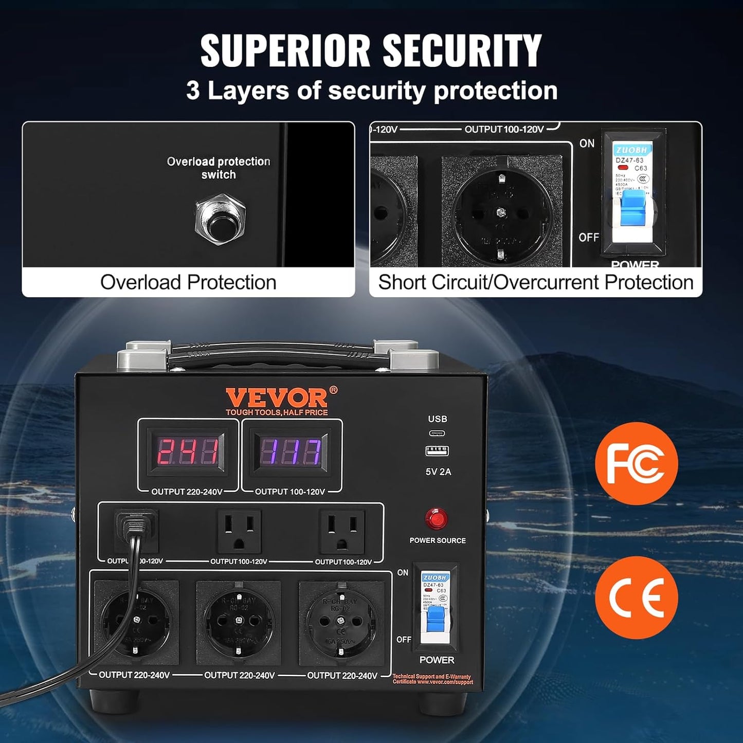 Transformador convertidor de voltaje VEVOR, 5000W, transformador elevado/descendente de alta resistencia, convierte de 110 voltios a 220 voltios y de 220 voltios a 110 voltios
