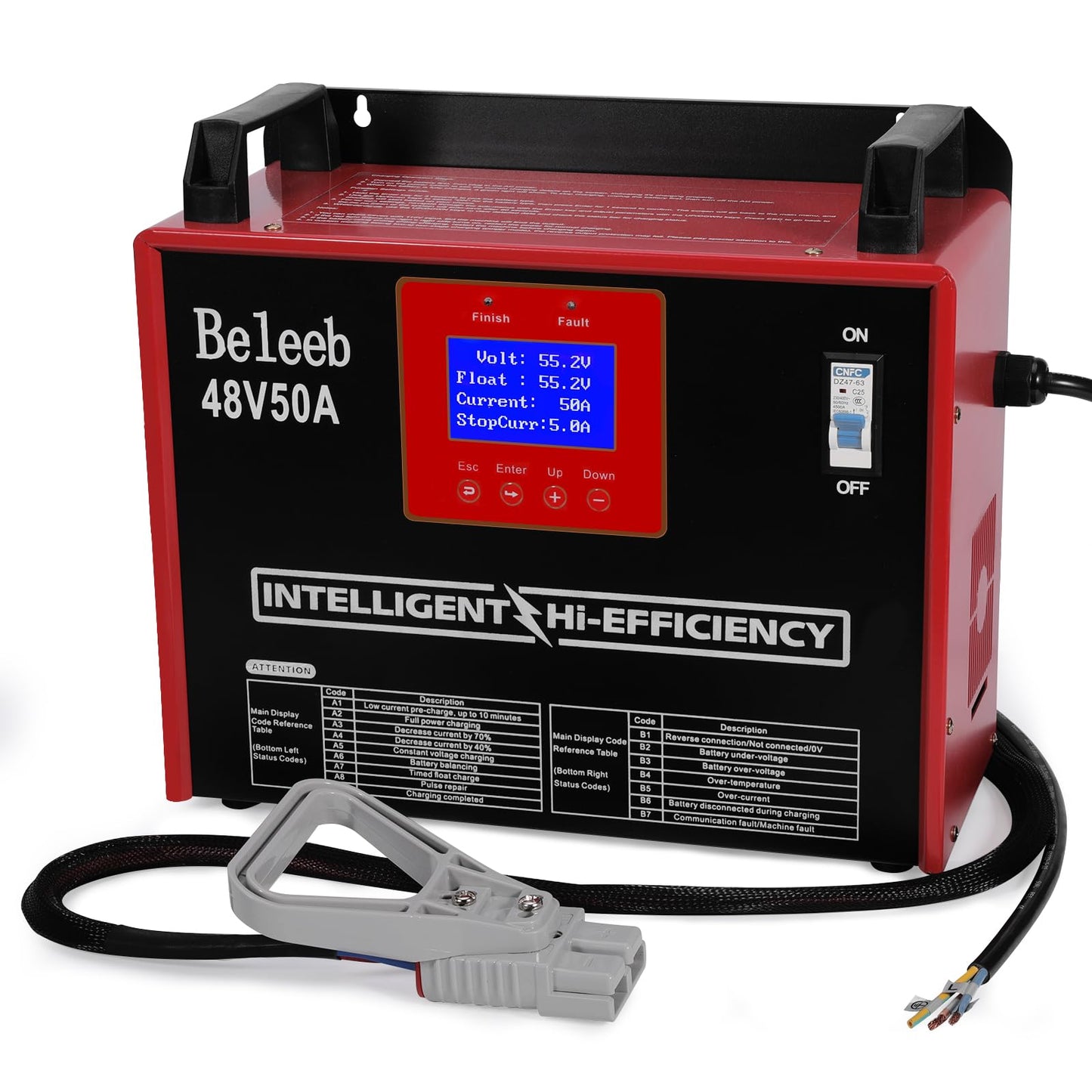 Cargador de batería ajustable de 48 V 50 A, cargador inteligente para baterías de plomo-ácido y litio LiFePO4, cargador cableado de 240 V CA para carretillas elevadoras, carros de golf, BLB-48V50A