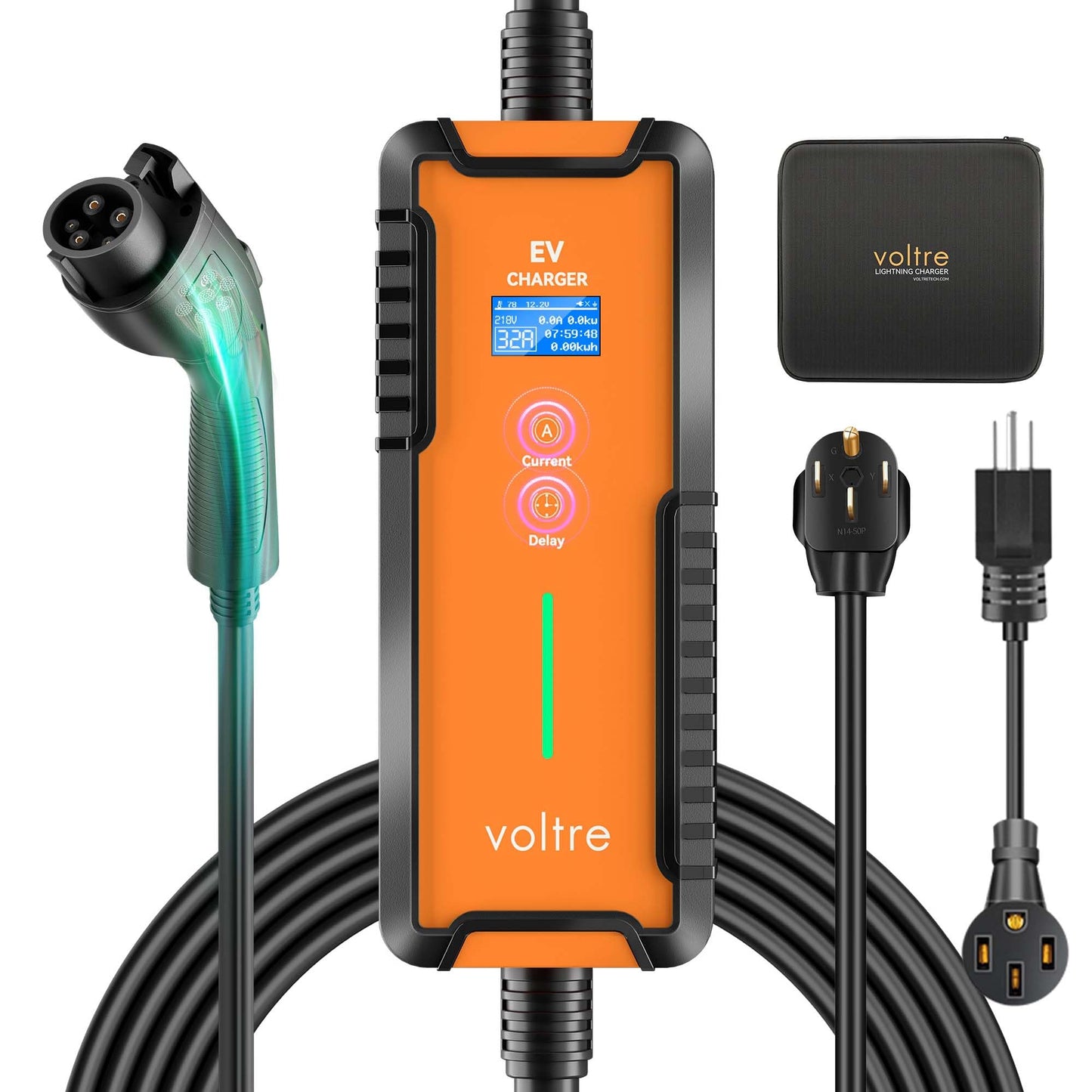 Voltre M2 - Cargador EV de nivel 1 y 2 para Tesla y EVs | Cable máximo de 25 pies | 10-32A | Cargador rápido portátil de coche eléctrico de 110-240V | Enchufe 14-50, 5-15 | Cargador de vehículo