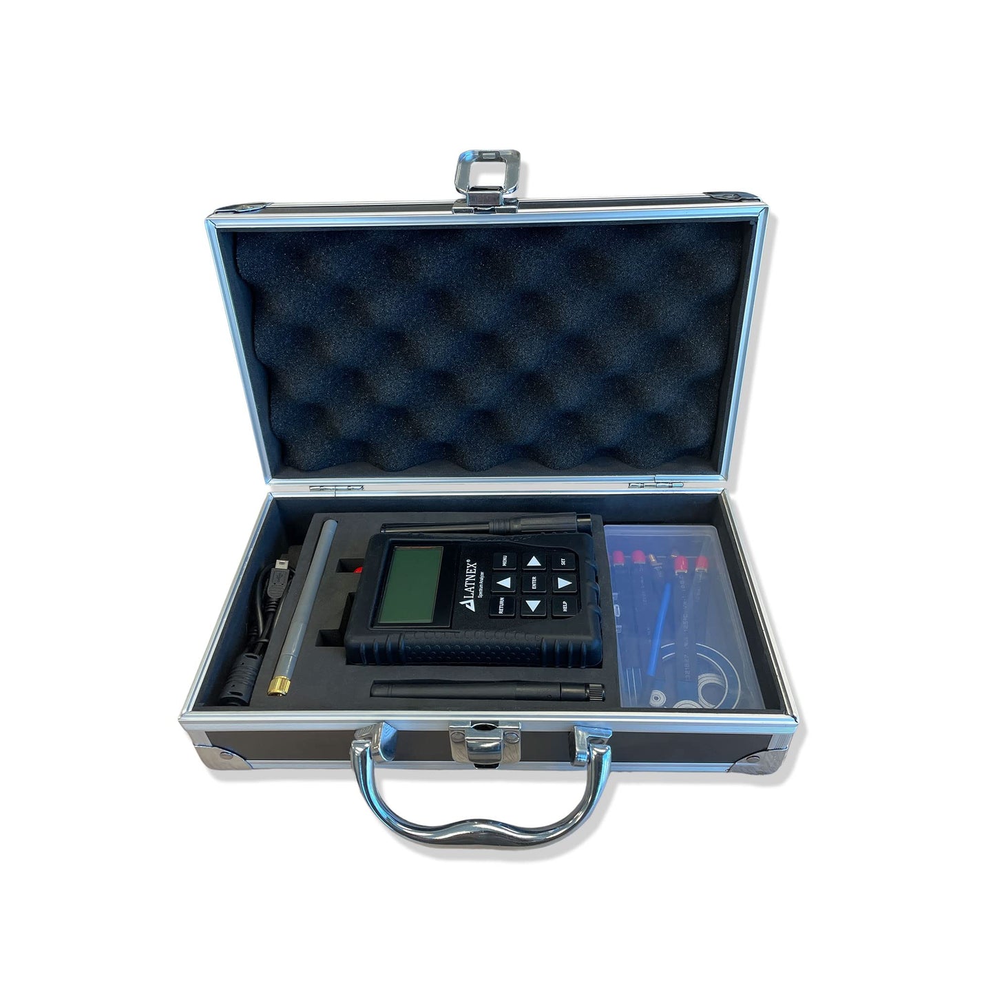 RF Explorer LATNEX SPA-7G con caja de aluminio y kit de antena de sonda de campo cercano