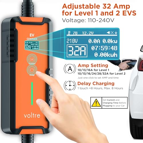 Voltre M2 - Cargador EV de nivel 1 y 2 para Tesla y EVs | Cable máximo de 25 pies | 10-32A | Cargador rápido portátil de coche eléctrico de 110-240V | Enchufe 14-50, 5-15 | Cargador de vehículo