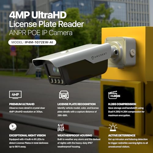Amcrest Cámara de reconocimiento de matrículas (LPR), cámara POE IP AI con zoom óptico de 0.315-1.260 in, 4MP @ 30 fps, sensor de poca luz de 1/1.8 pulgadas, disuasores activos, visión nocturna de 98