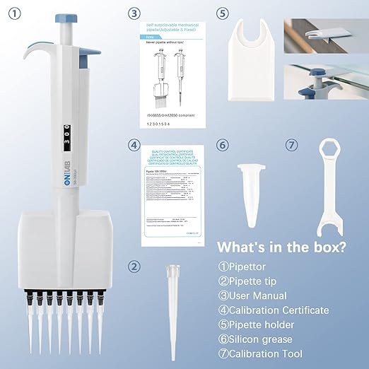 ONiLAB Micropipeta de laboratorio, pipetas multicanal de 8 canales de volumen ajustable, 50-300μl